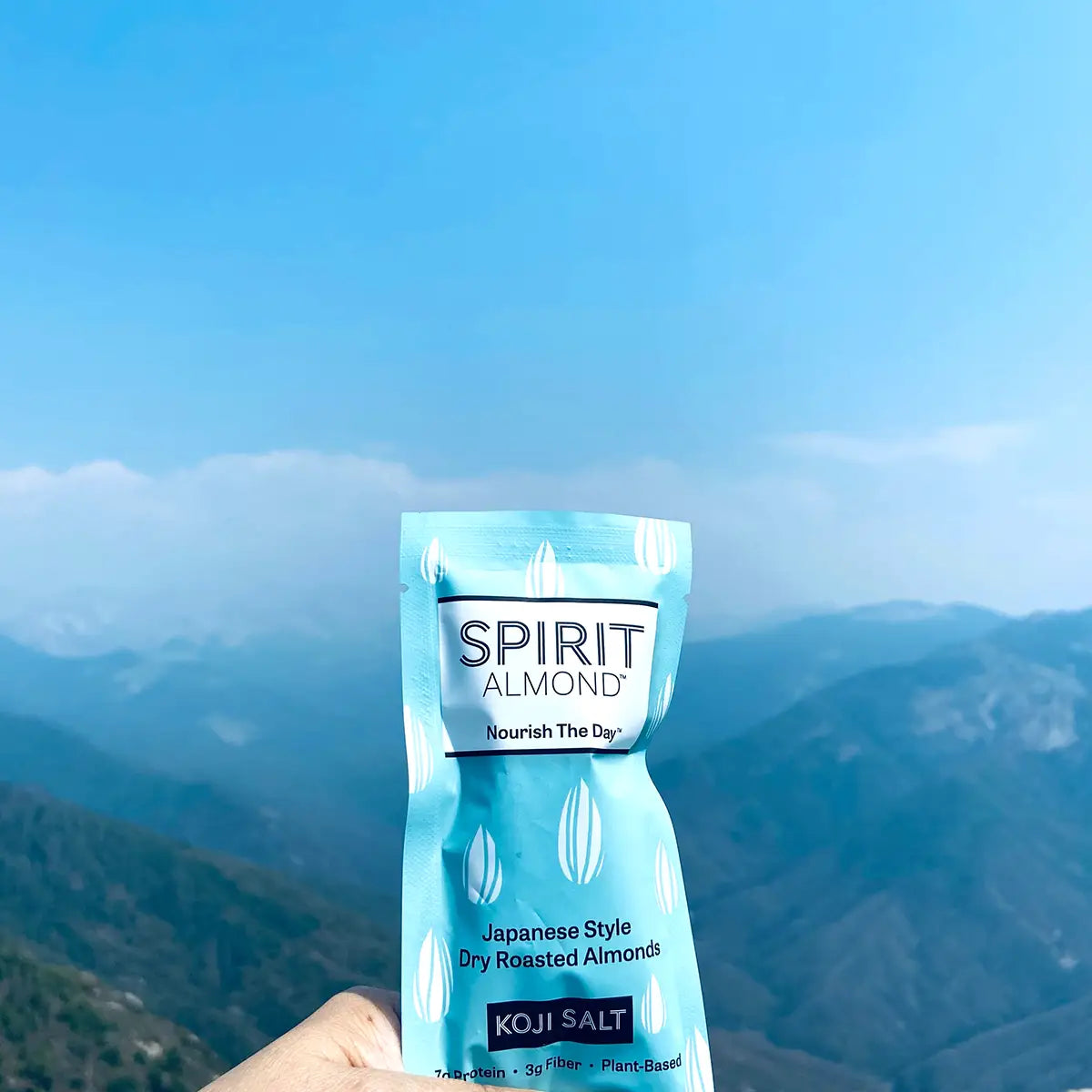 SPIRIT Almond Package Koji Salt Flavor held up against background of sky and mountains