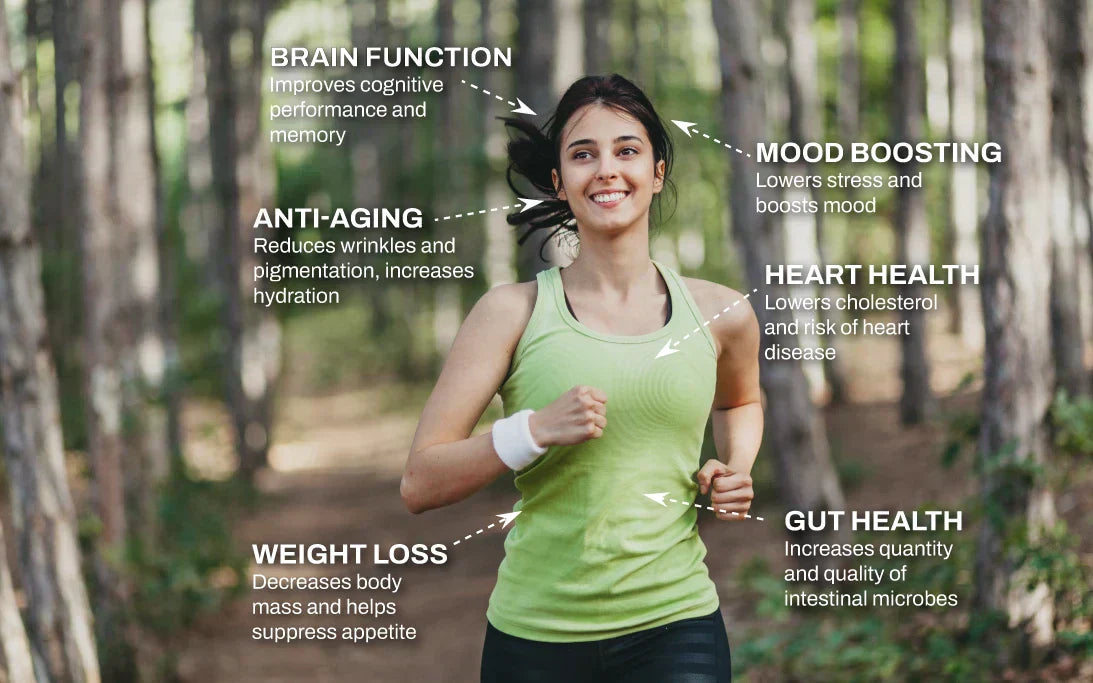 Woman running, almond health benefits indicated in surrounding titles