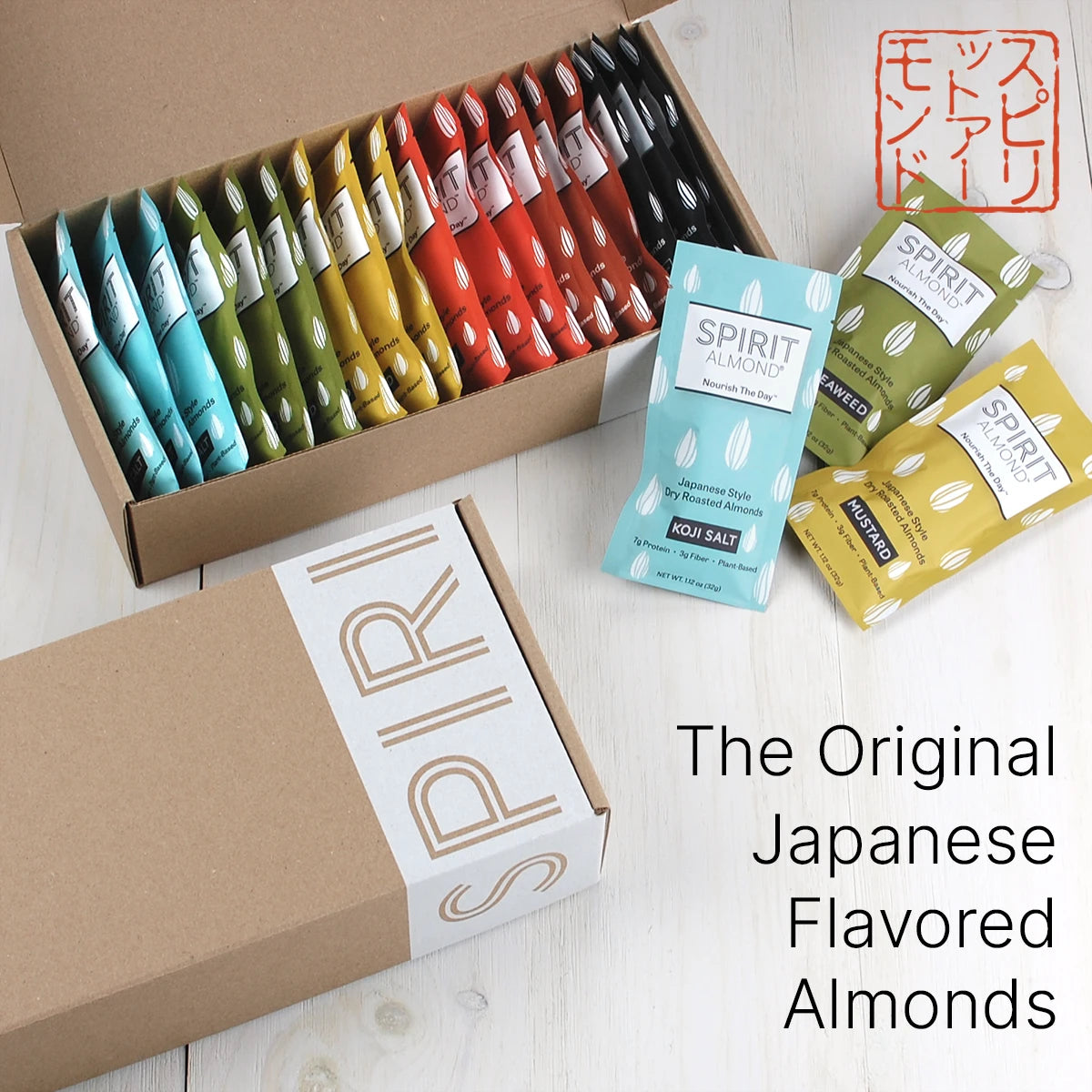 Open and closed boxes of SPIRIT Almond with colorful assortment of packages. Caption: The Original Japanese-flavored Almonds