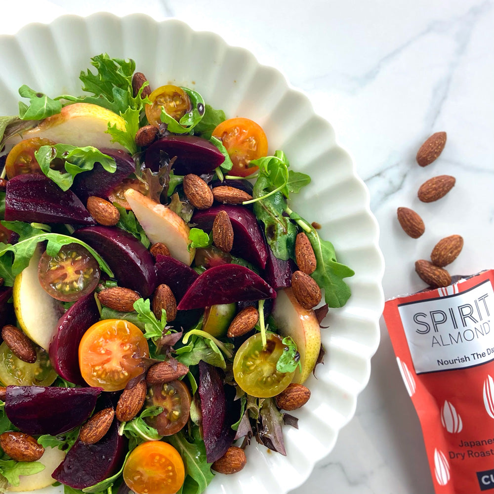SPIRIT Almond Curry flavor with a beet and tomato salad