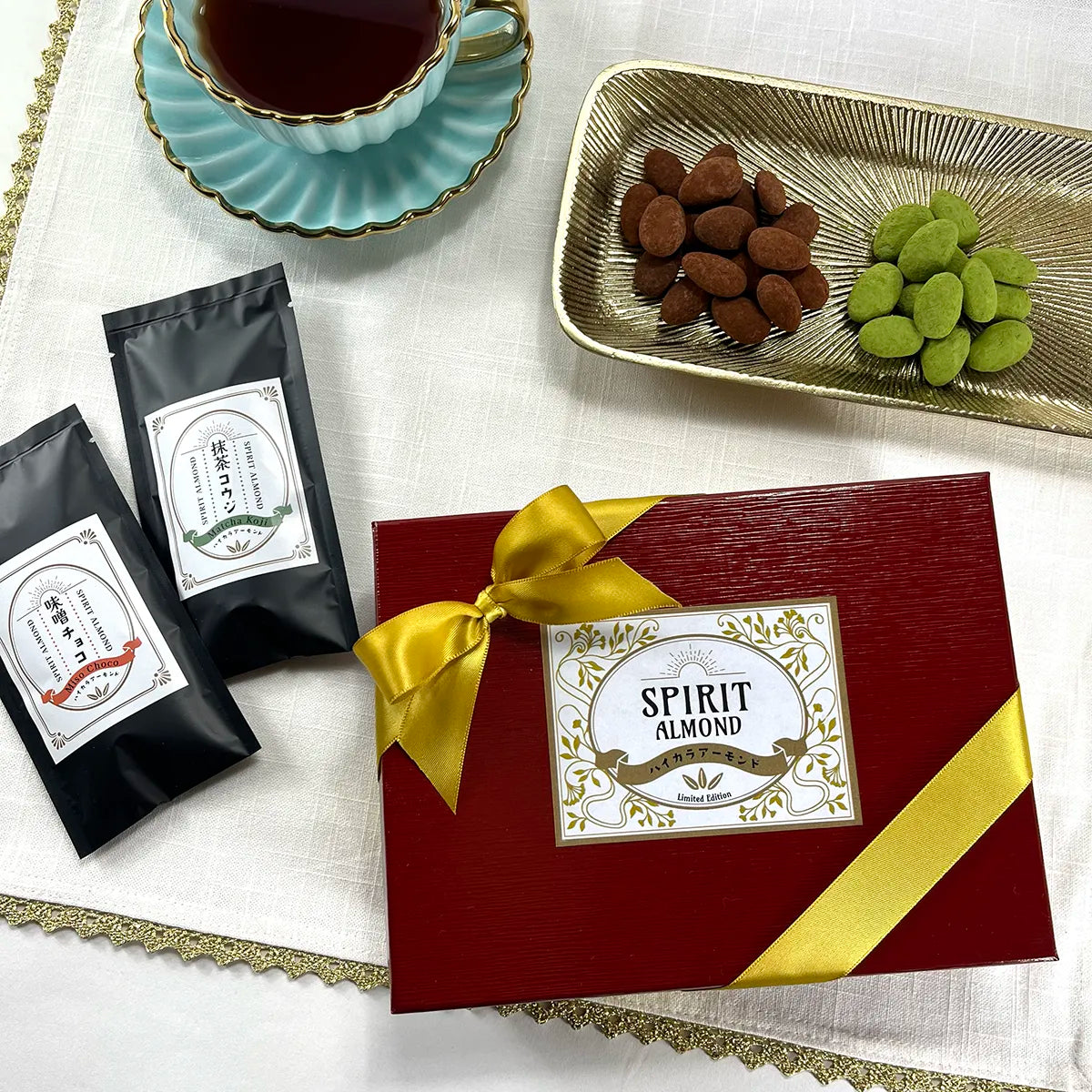 Serving Photo of SPIRIT Almond Limited Edition Box with Choco Miso and Matcha Koji.