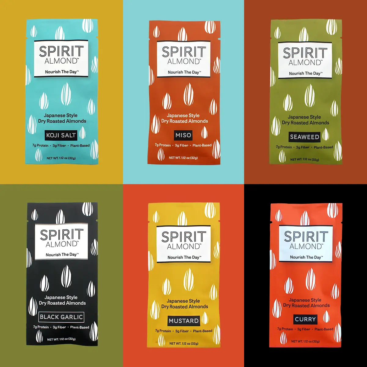SPIRIT Almond Japanese Style Dry Roasted Almonds colorful lineup, six flavors. Koji Salt, light blue. Miso, reddish-brown. Seaweed, sea green. Black Garlic, black. Mustard, yellow. Curry, reddish-orange, each in 1.12 oz. single serving bags against contrasting colors.