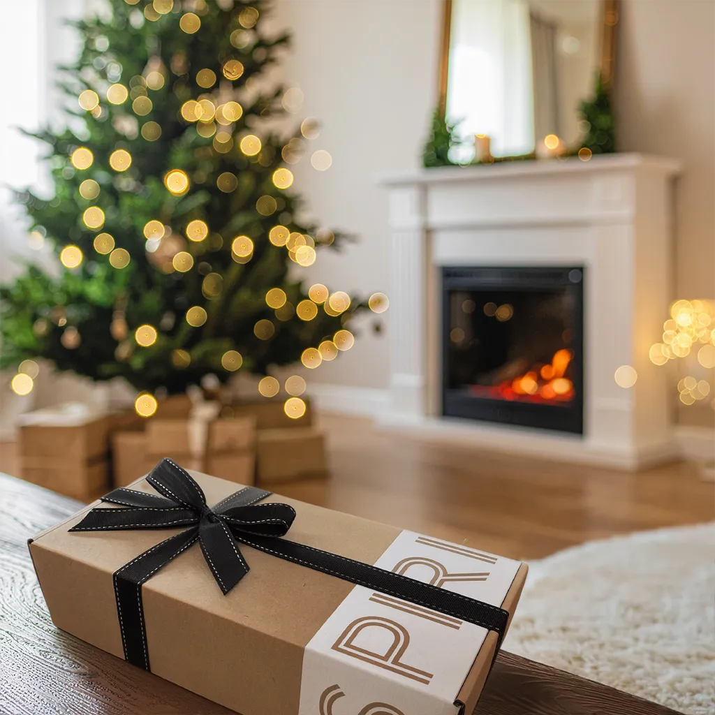 SPIRIT Almond gift box with a black ribbon on a table in a cozy living room with a Christmas tree and fireplace.