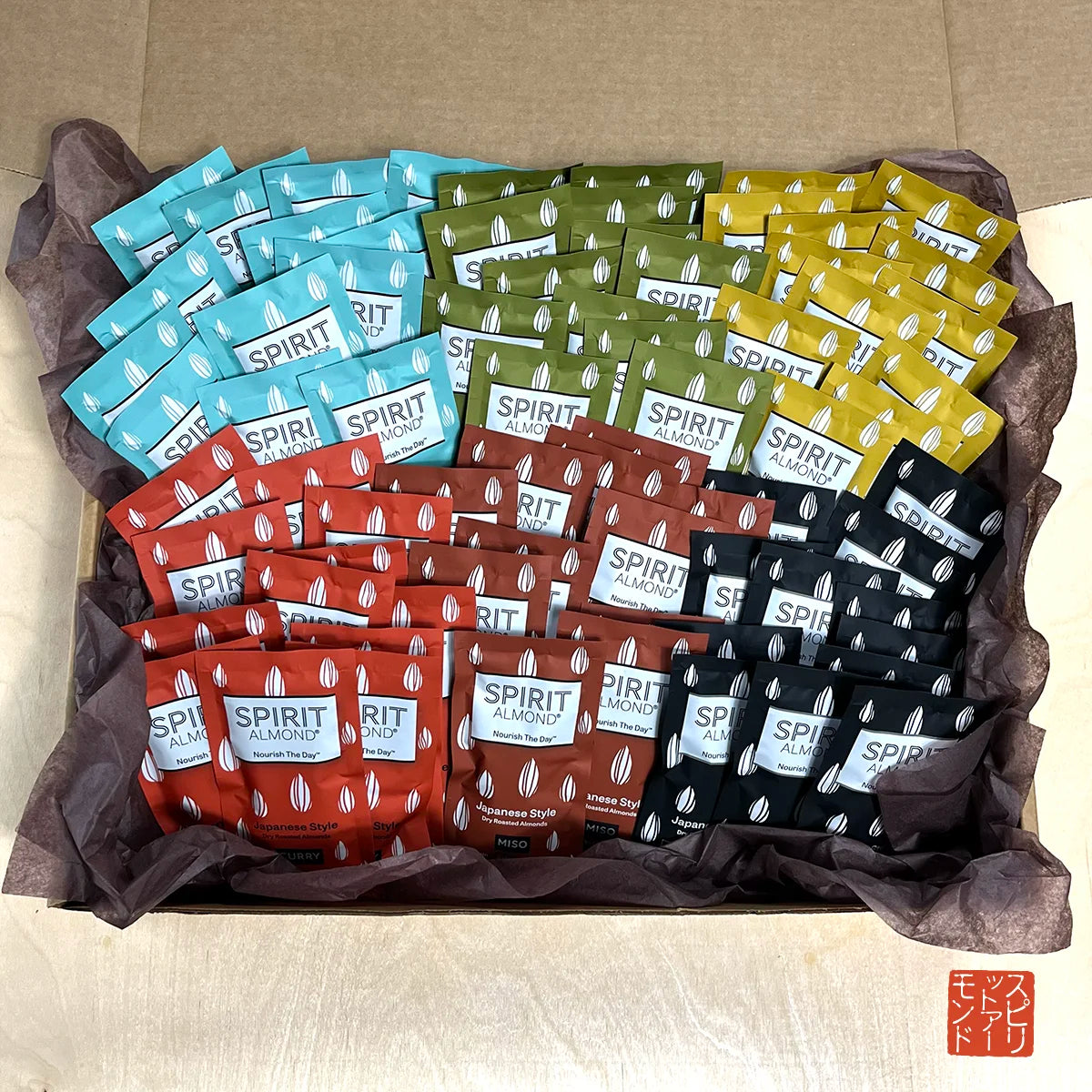 72 Packages of SPIRIT Almond in six Japanese flavors inside a Mega Pack Box