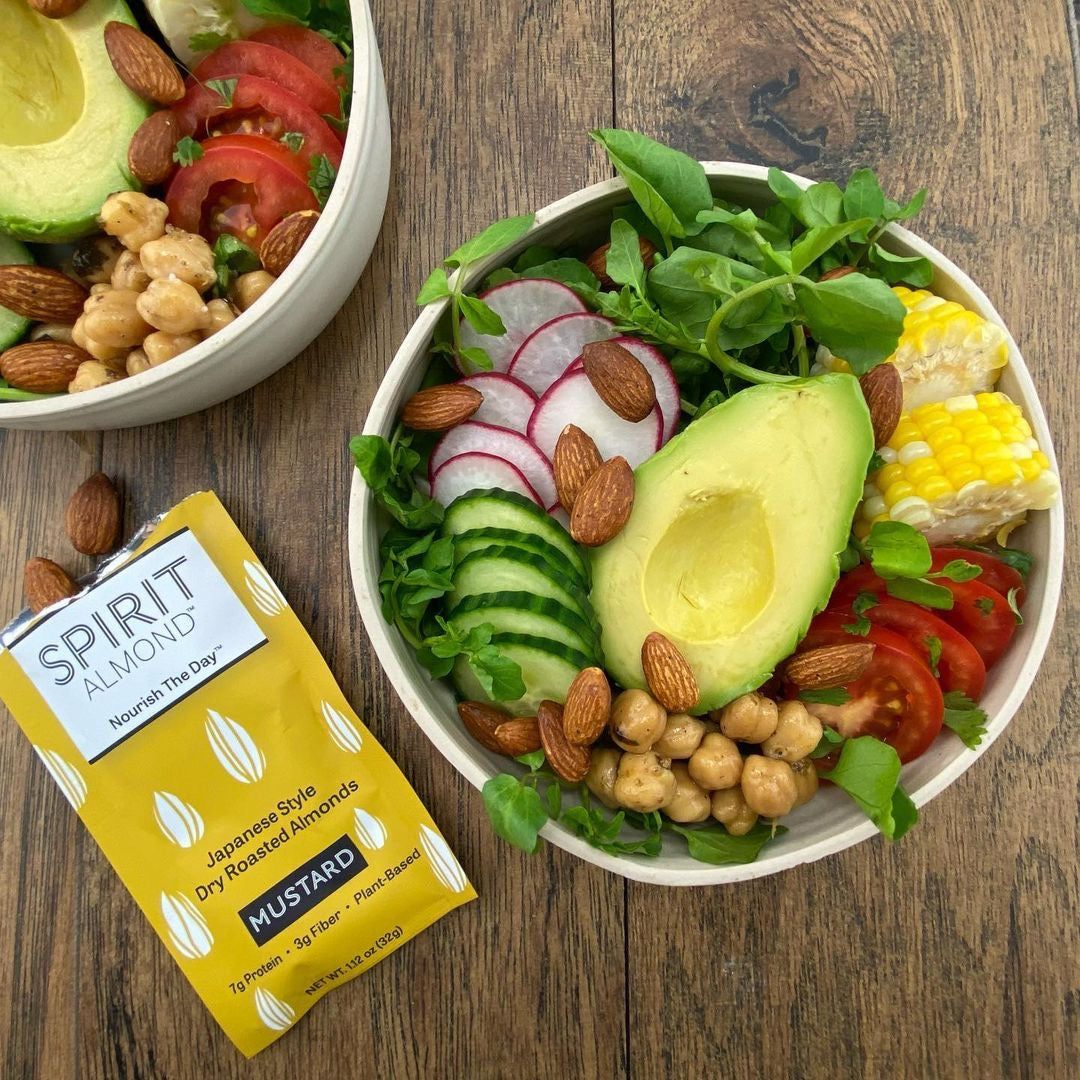 SPIRIT Almond Mustard flavor topped on a salad and in package